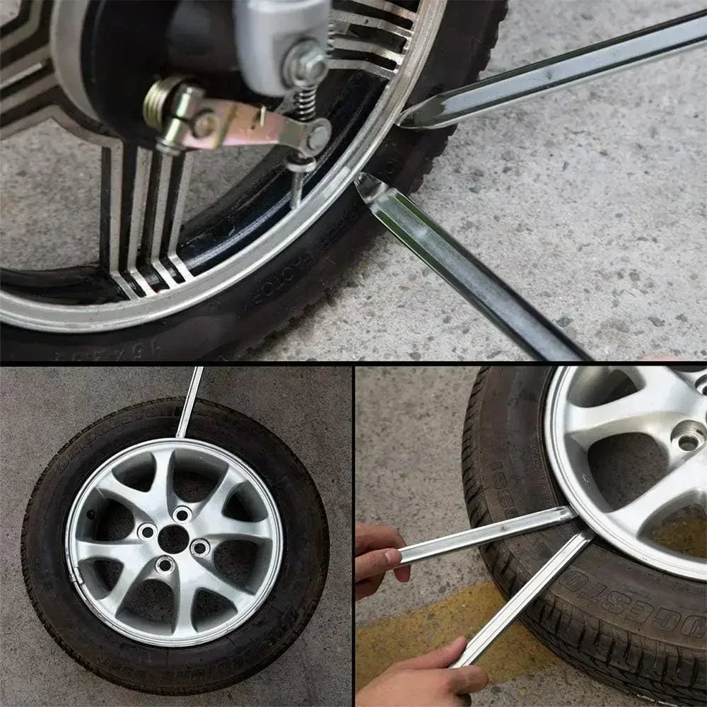 A heavy-duty tire iron with a dual-end design is shown interacting with a tire and wheel.