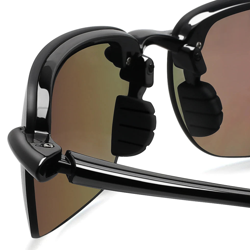 Black rimless polarized sports sunglasses with brown lenses and black grips