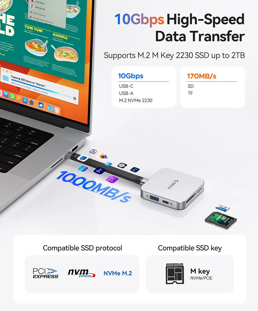 Boîtier NVMe SSD magnétique argenté et adaptateur multi-ports démontrant des capacités de transfert de données à haute vitess