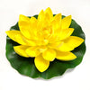 A vibrant yellow lotus flower rests on a green leaf, designed for pond and garden decor.