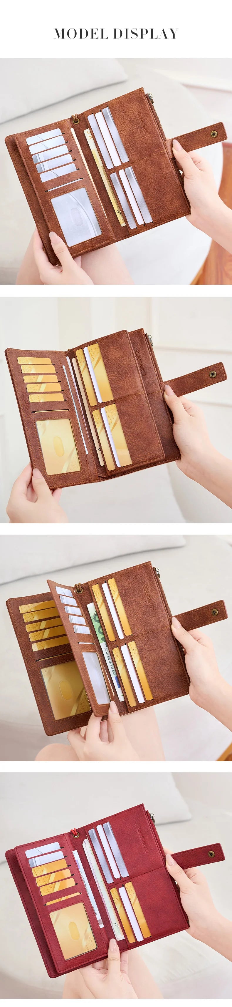A close-up display of a brown leather bifold wallet with multiple card slots and a strap, held by hands.
