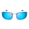 Rimless polarized sports sunglasses with a bright blue lens and silver frame