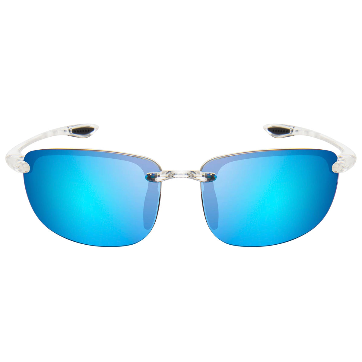 Rimless polarized sports sunglasses with a bright blue lens and silver frame