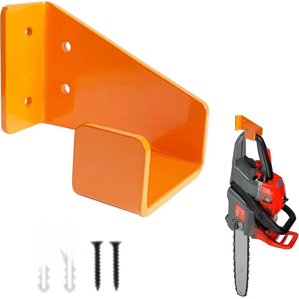 Orange heavy-duty wall mounted chainsaw hanger with mounting holes and included screws