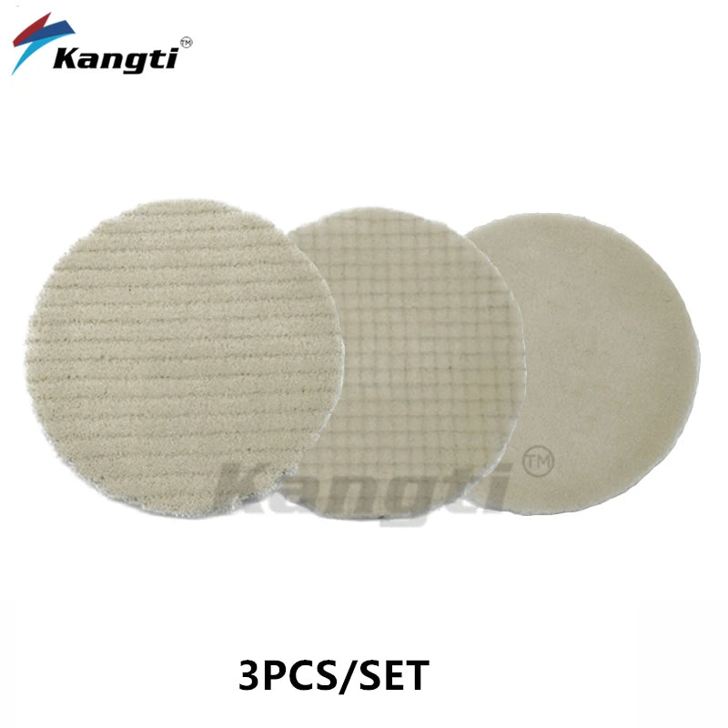 A set of three beige car polishing wool pads with foam backing for scratch removal.