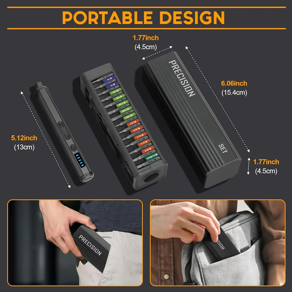 Portable design of a precision screwdriver set with LED light and 5 torque settings shown in various angles.