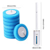 A stack of blue disposable aromatherapy toilet cleaners and a wall-mount holder for the product.