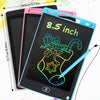 A pink and black LCD writing tablet for kids with a stylus pen displayed on a colorful background.