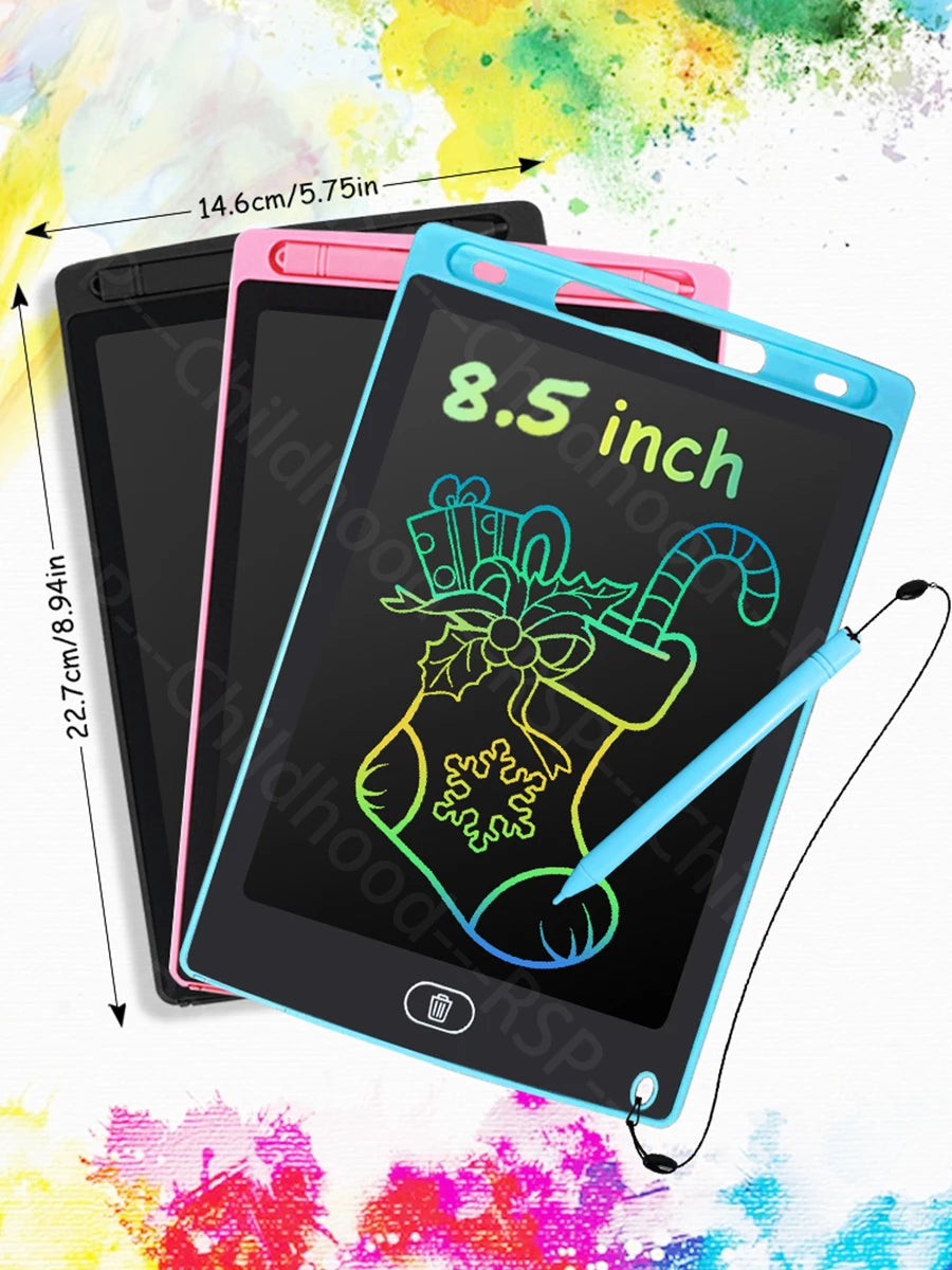 A pink and black LCD writing tablet for kids with a stylus pen displayed on a colorful background.