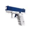 A white and blue high-capacity water blaster pistol is shown from the side.