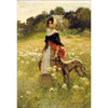 A painting of a woman in period dress standing in a field with white flowers and a dog.
