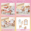 A set of dollhouse furniture including kitchen, toilet, living room, and bedroom pieces for pretend play