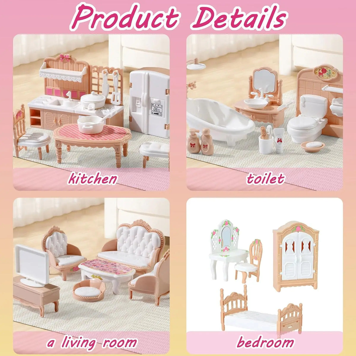 A set of dollhouse furniture including kitchen, toilet, living room, and bedroom pieces for pretend play
