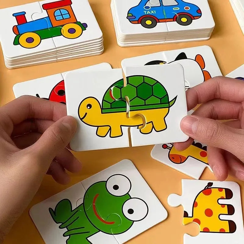 A close-up of colorful wooden puzzle cards featuring various animals like a taxi, a turtle, and a frog for a toddler matching