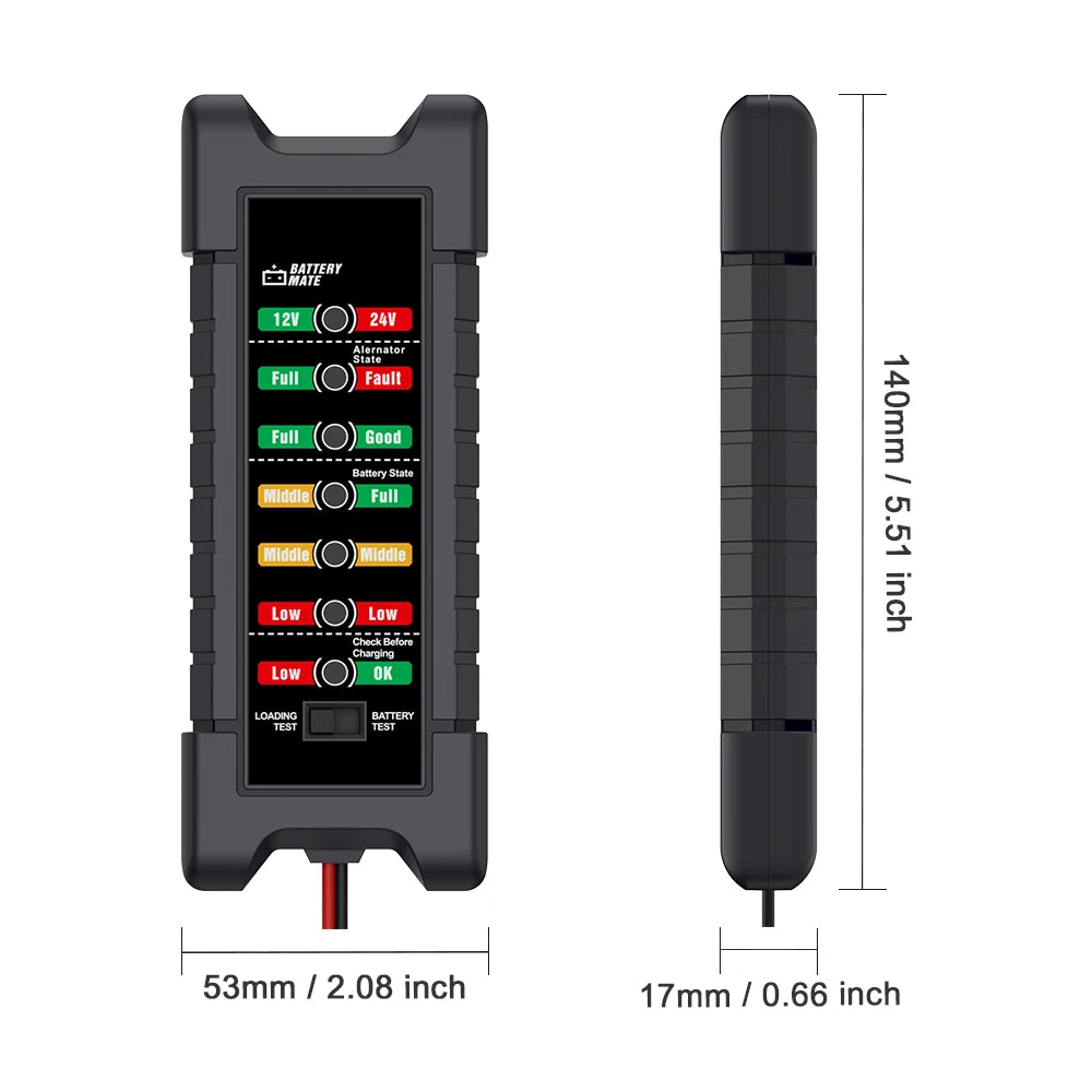 A black car battery tester device showing various LED indicators and dimensions.