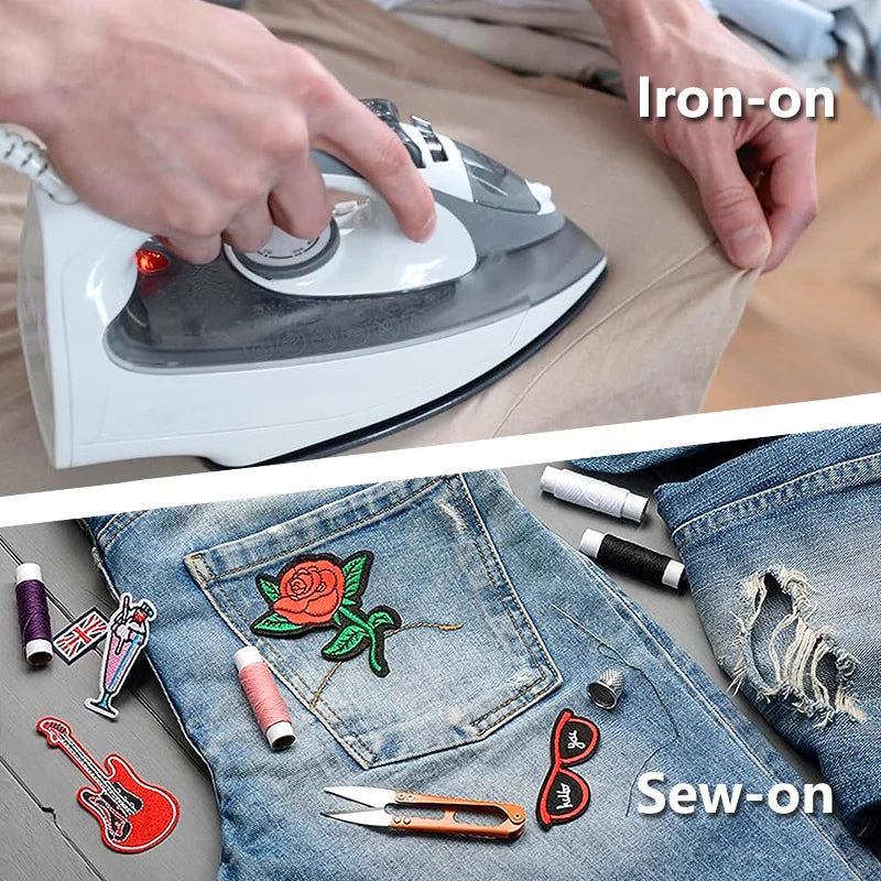Hands are ironing a garment while sewing on an embroidered patch for jackets and outdoor clothing