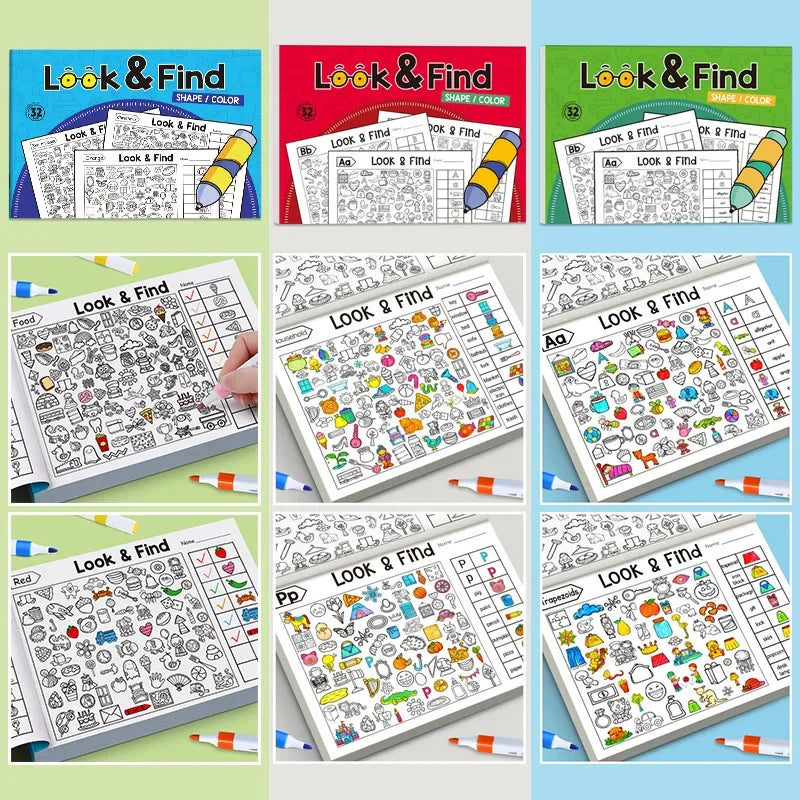 A collection of Look & Find coloring activity books for children featuring various mazes and search tasks.