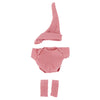 A pink knitted outfit set for a doll including a hat, jumpsuit, and socks.