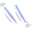 A pair of light blue precision craft tweezers shown with measurements for straight and curved tips.