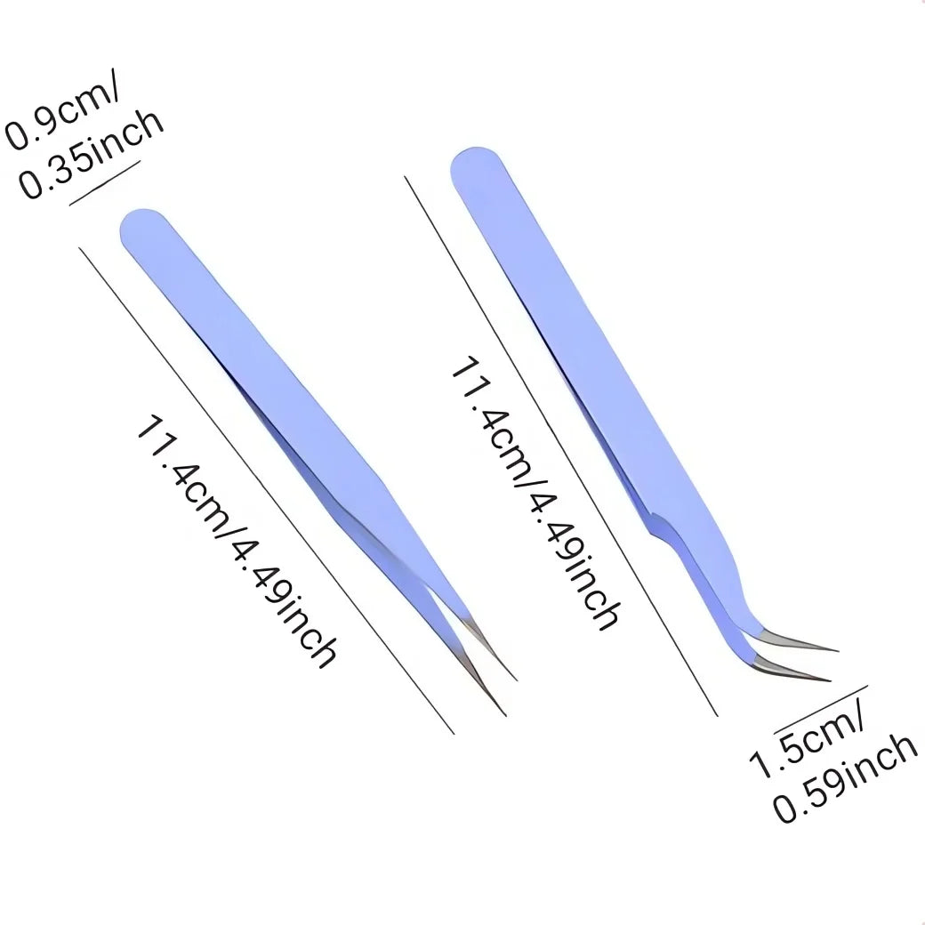 A pair of light blue precision craft tweezers shown with measurements for straight and curved tips.