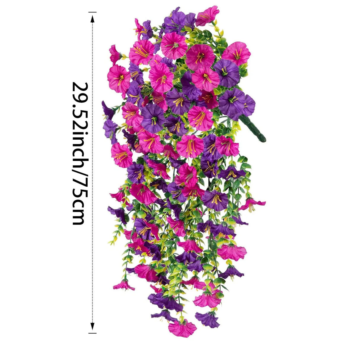 Décor de fleur en soie suspendue avec une cascade dense de fleurs artificielles de pivoines violettes et roses.