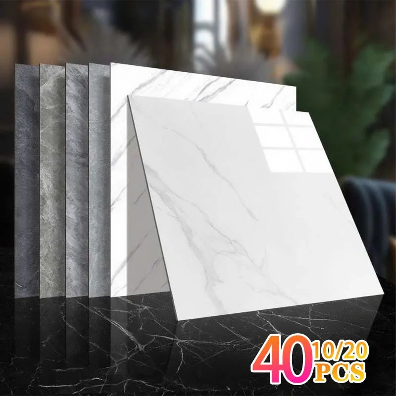 A set of 40 self-adhesive waterproof tile stickers featuring white marble designs on a black background.