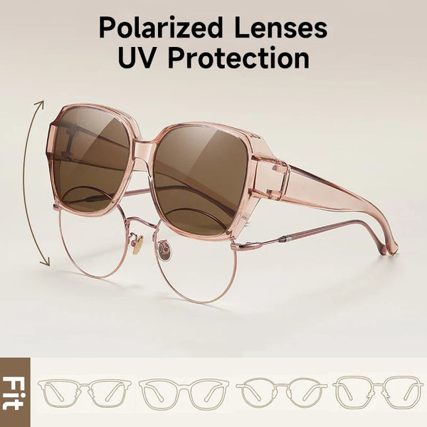 Ein Paar rosa polarisierte Sonnenbrille mit klaren Linsen vor hellem Hintergrund.