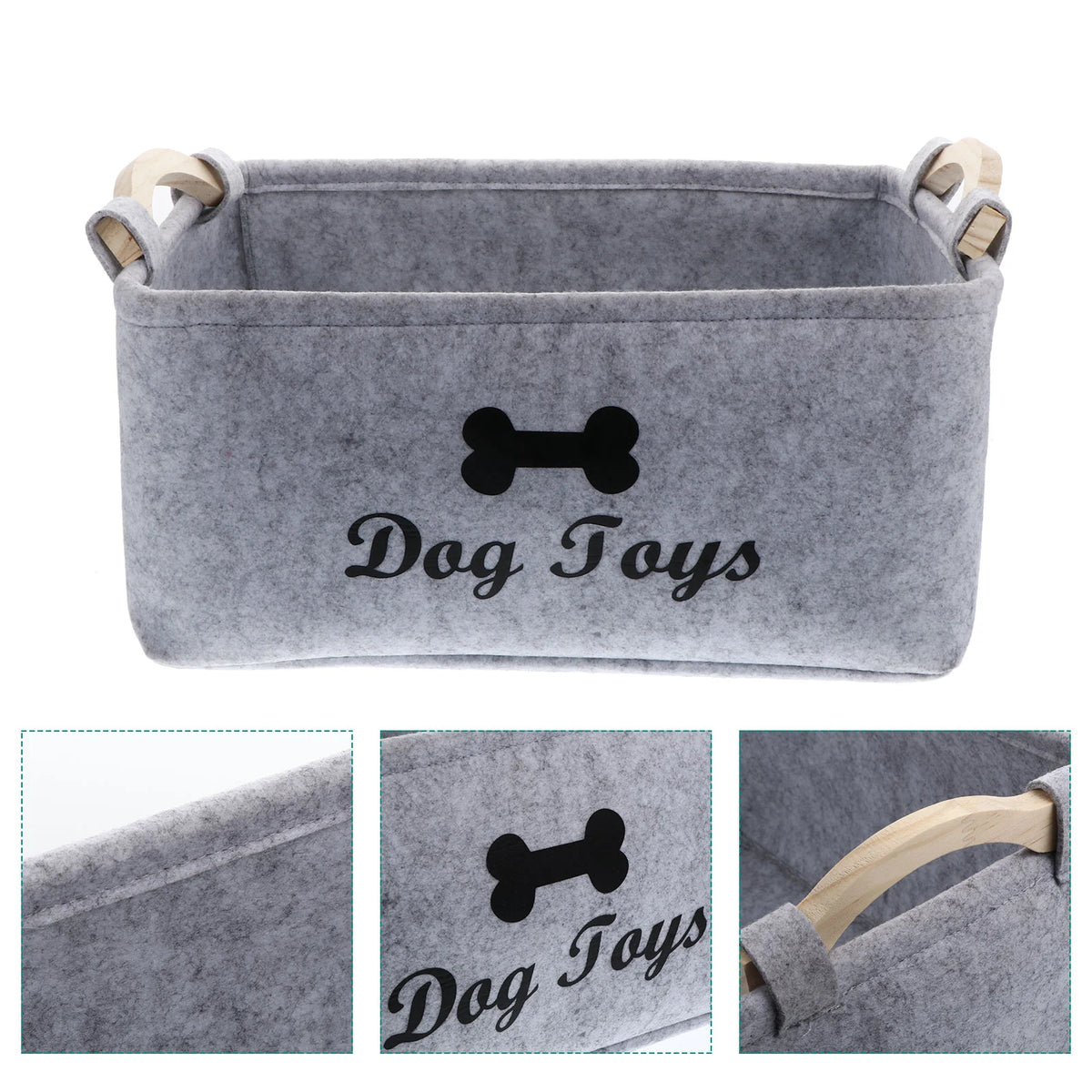 Gray felt pet toy storage basket with wooden handles