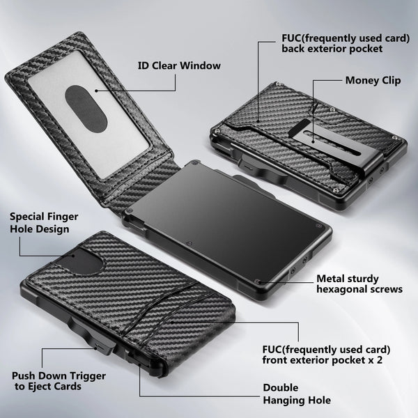 A black slim RFID-blocking wallet showing various features like an ID clear window, money clip, and finger hole design.