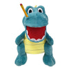 A plush toy of Jeffy featuring blue skin, yellow clothing, and a yellow pencil.