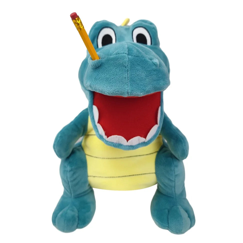 A plush toy of Jeffy featuring blue skin, yellow clothing, and a yellow pencil.