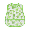 A green baby feeding bib with a catch pocket decorated with small green frog patterns.