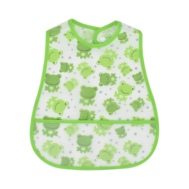 A green baby feeding bib with a catch pocket decorated with small green frog patterns.