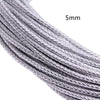 A close-up view of a silver braided leather cord, 5mm in diameter, shown in a spool or length.