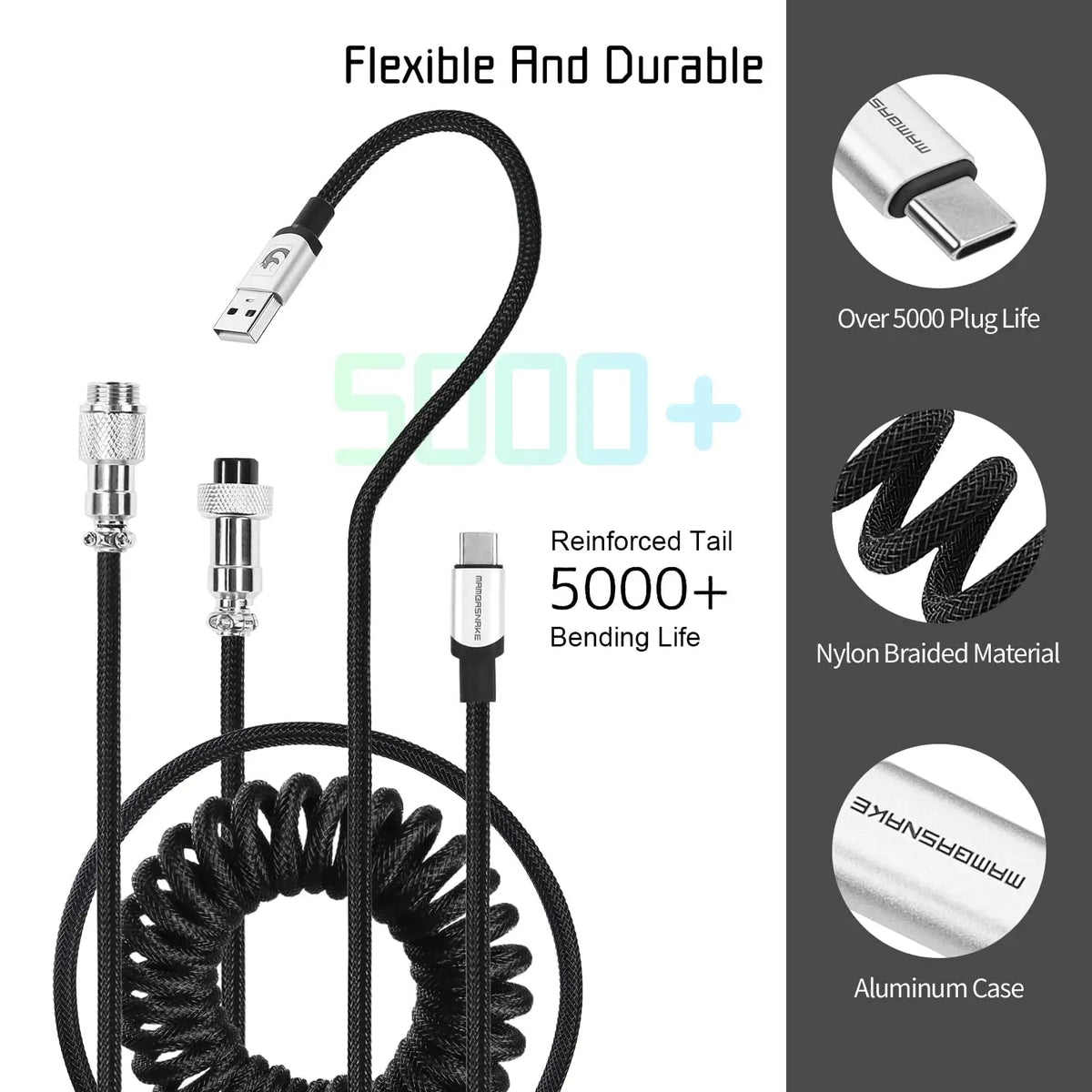Coiled USB-C Cable for Mechanical Keyboards with Aviator Connector