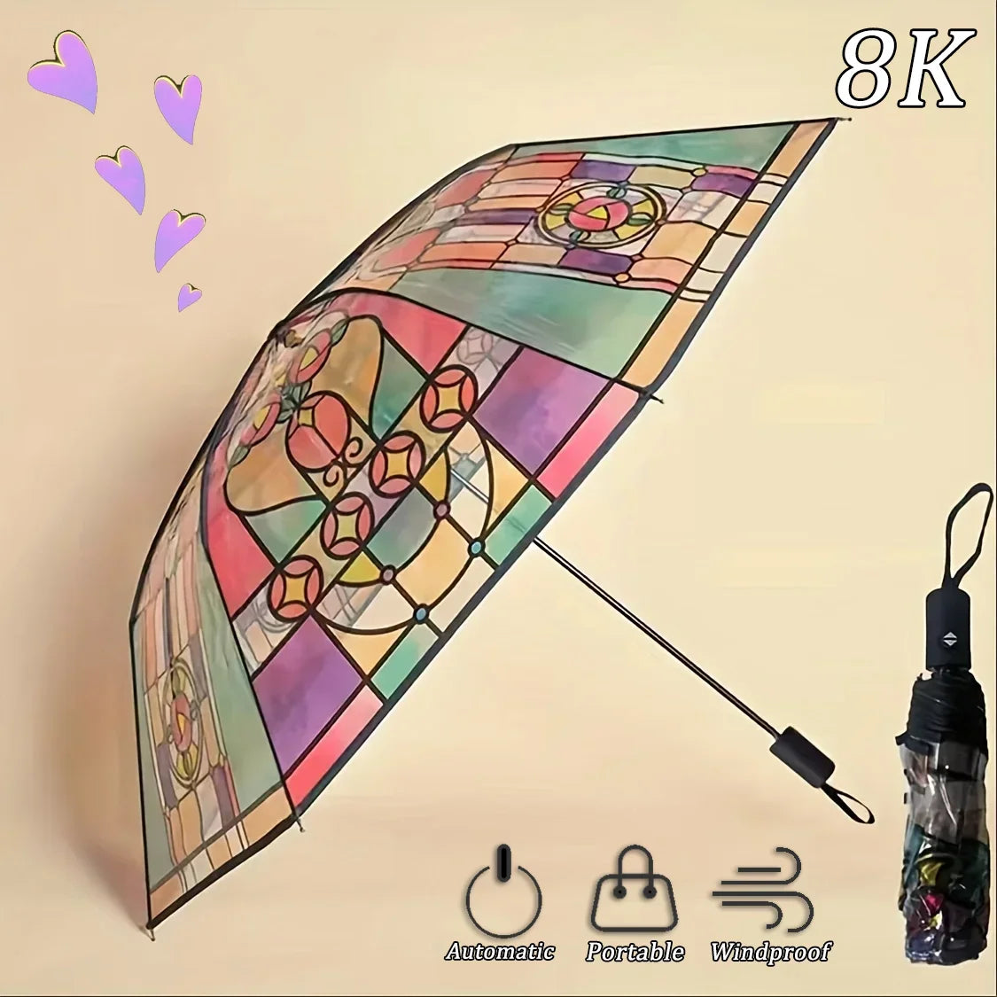 Stained Glass Arch Umbrella with Wind-Resistant Frame
