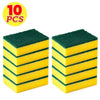 Ten green and yellow reusable double-sided cleaning sponges stacked in a rectangular shape