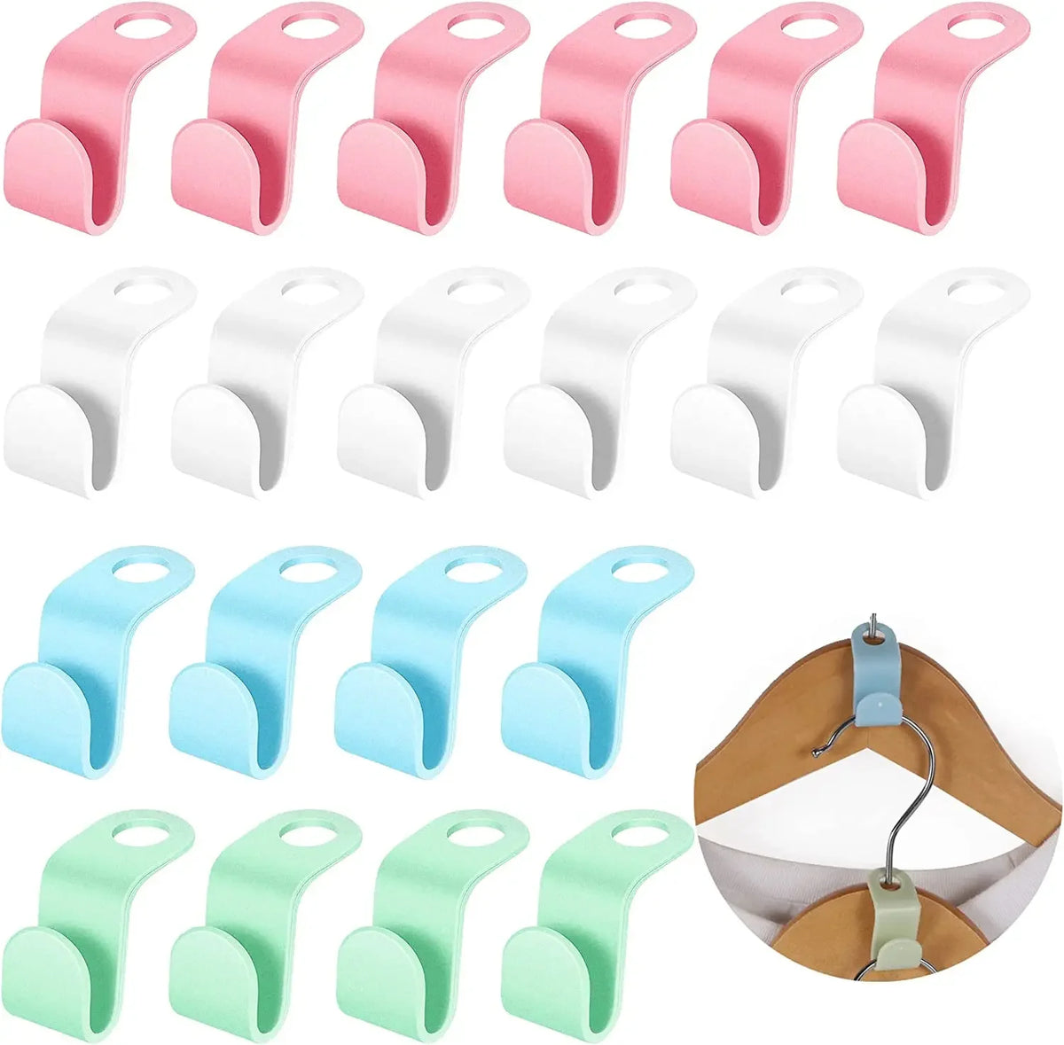 A set of space-saving cascading hanger connectors in various pink, white, and green colors for closet organization.