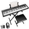A black 61-key digital piano with a stand, bench, headphones, and pedal.