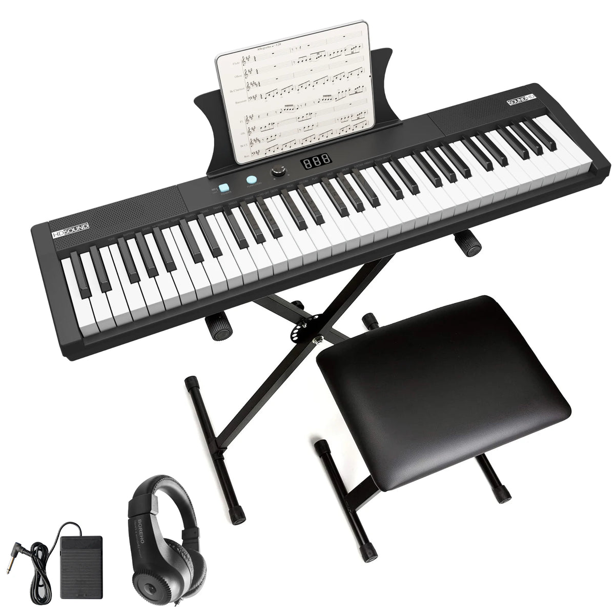 A black 61-key digital piano with a stand, bench, headphones, and pedal.