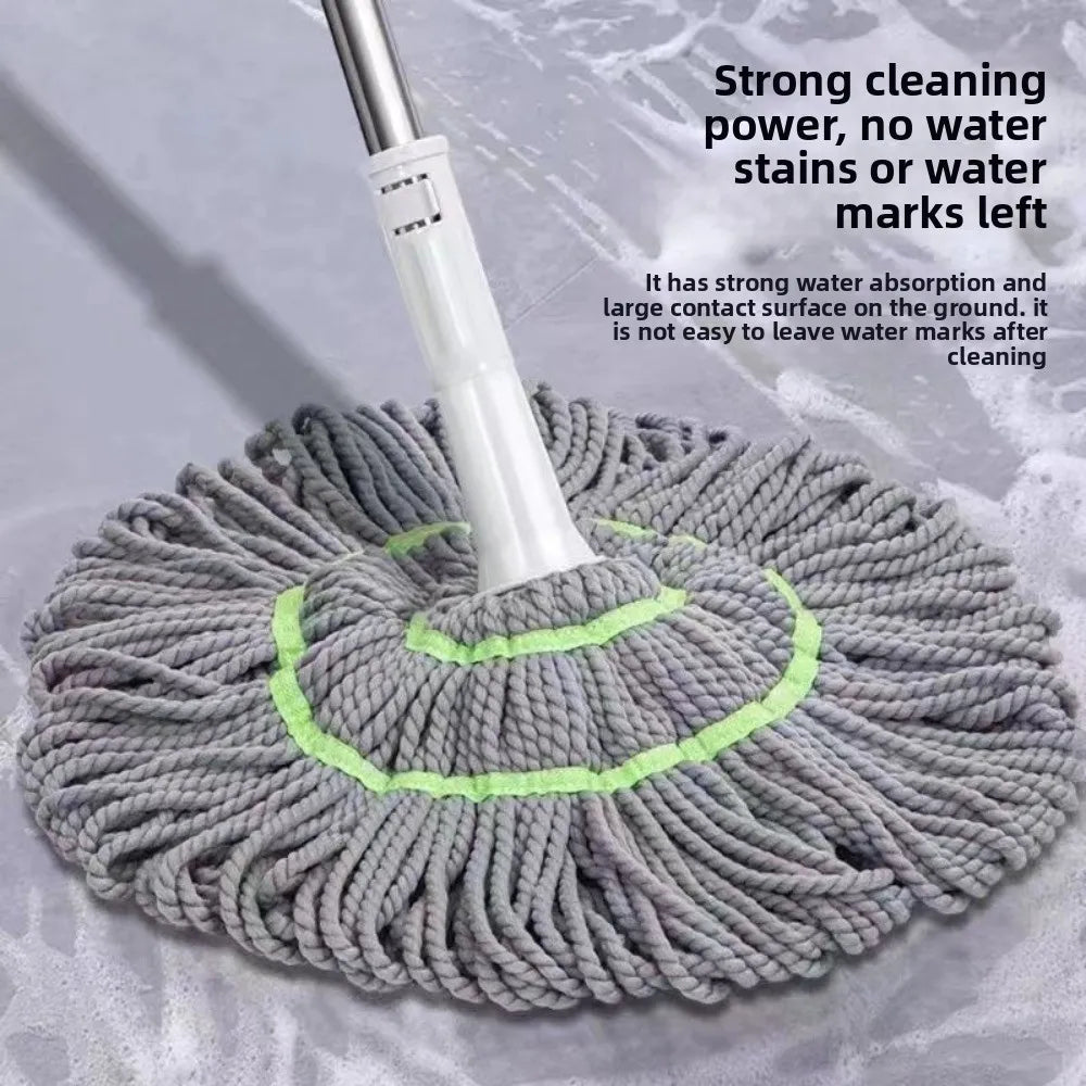 A gray hands-free self-wringing spin mop with a white handle and a rotating scrubbing head is shown on a surface.