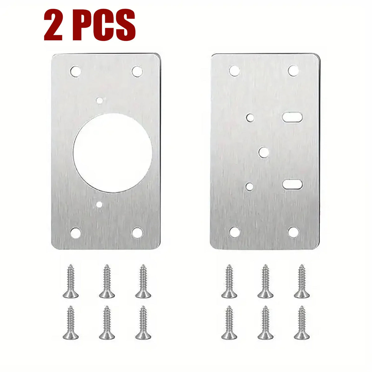 Deux plaques de réparation de charnières en acier inoxydable et six vis correspondantes.