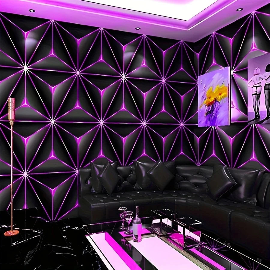 A modern living room decorated with black geometric luminous wallpaper and a black leather sofa.