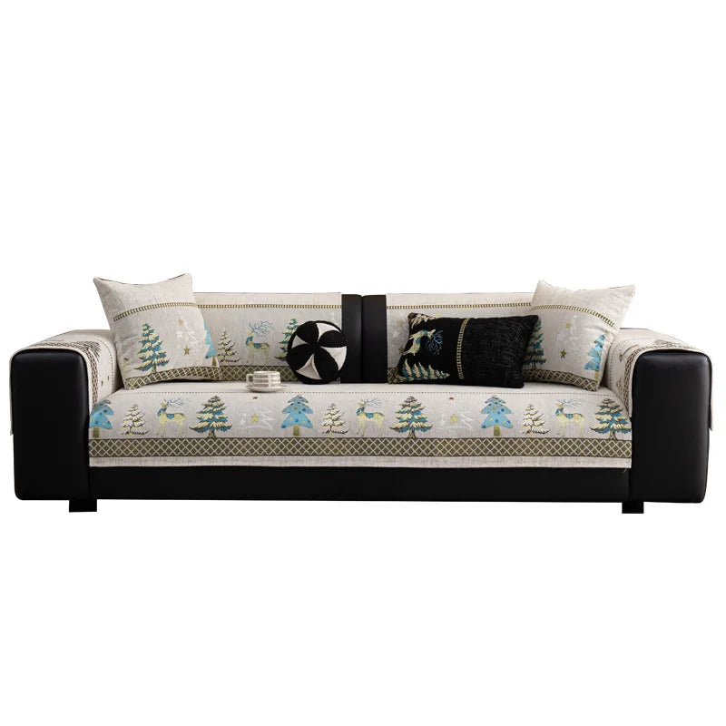 Festive Chenille Christmas Sofa Cover with Deer & Tree Pattern