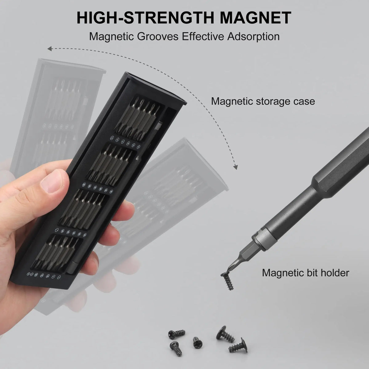 A black magnetic bit holder and storage case with various screwdriver bits shown being held by a hand.