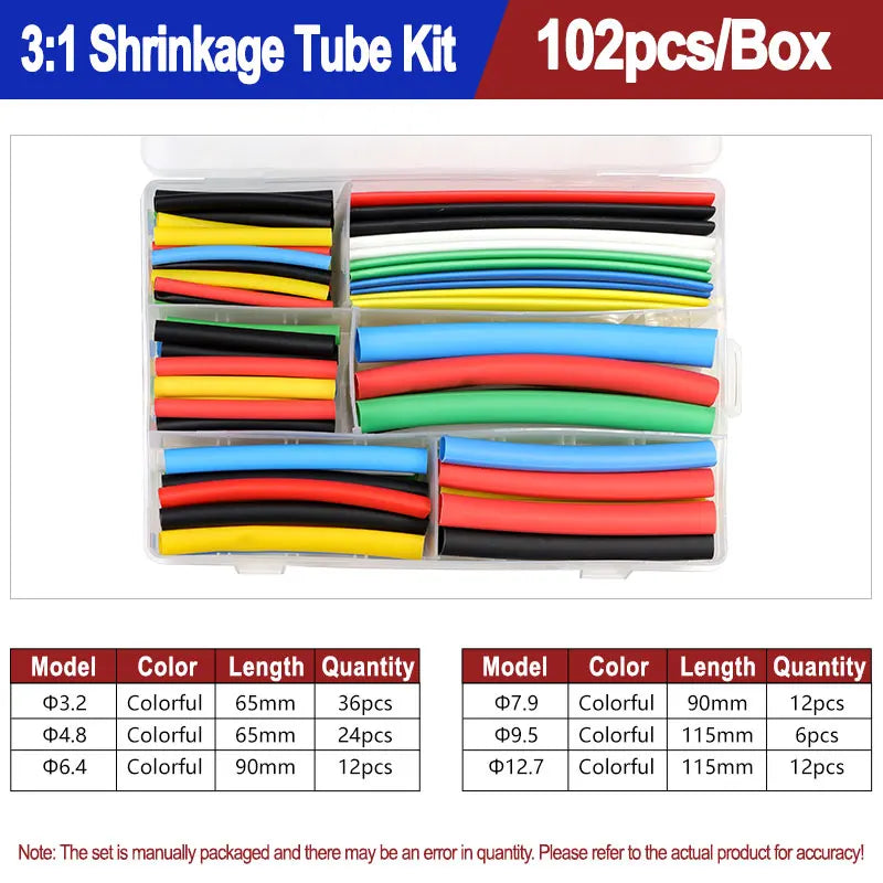 A box of heat shrink tubing kit containing various colored and sized tubes for shrinking plastic parts.