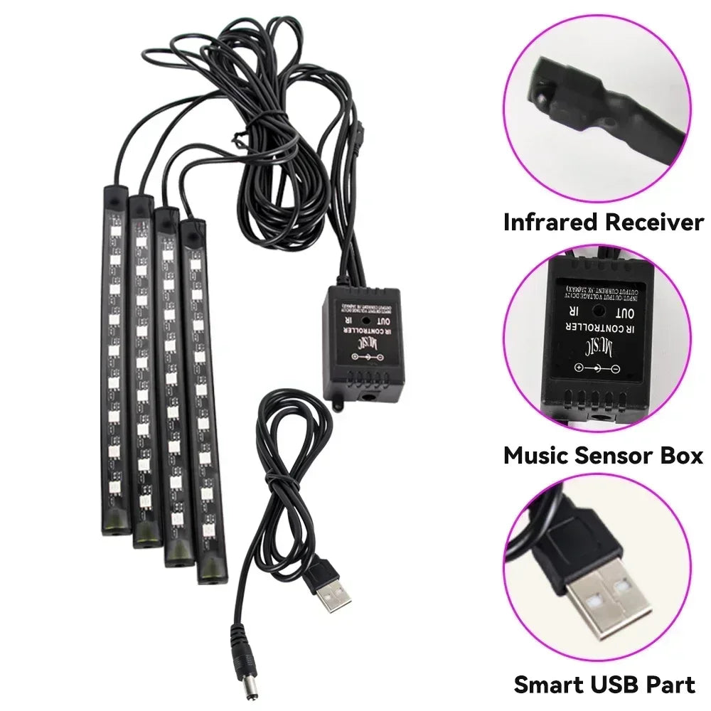 Set of infrared receiver, music sensor box, and smart USB part for RGB car underglow strip lights