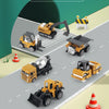 A set of six die-cast construction truck toys including an excavator, loader, and tractor for children.