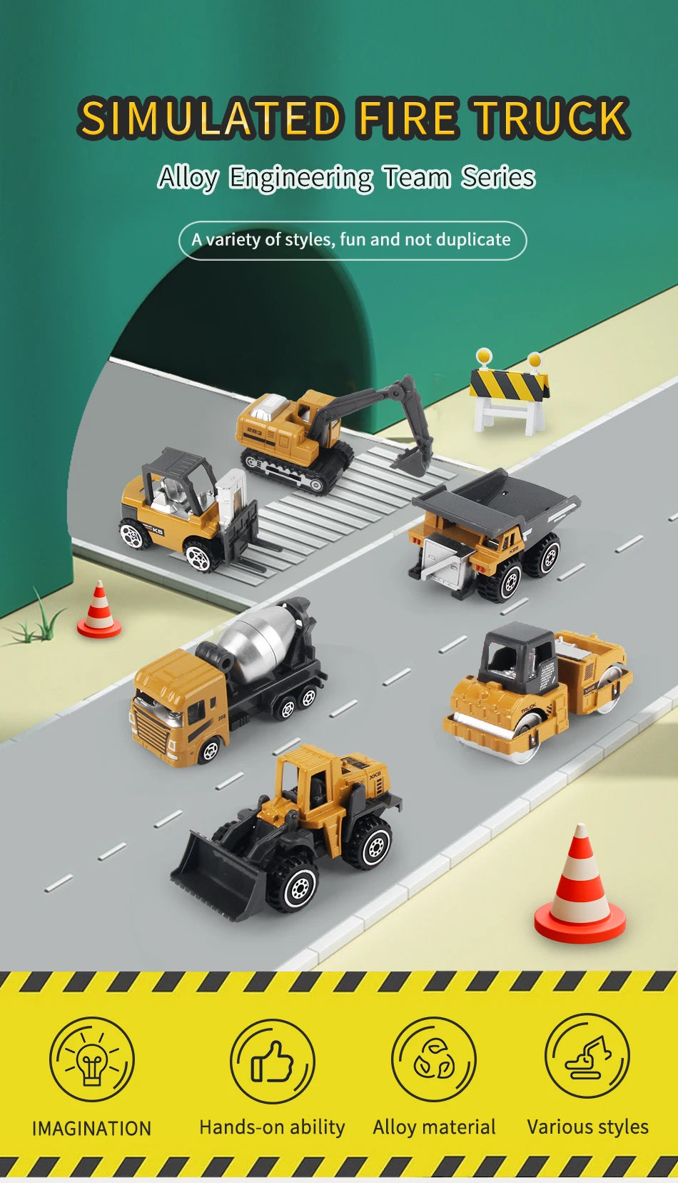 A set of six die-cast construction truck toys including an excavator, loader, and tractor for children.