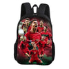 A black backpack featuring a collage of soccer players in red jerseys.